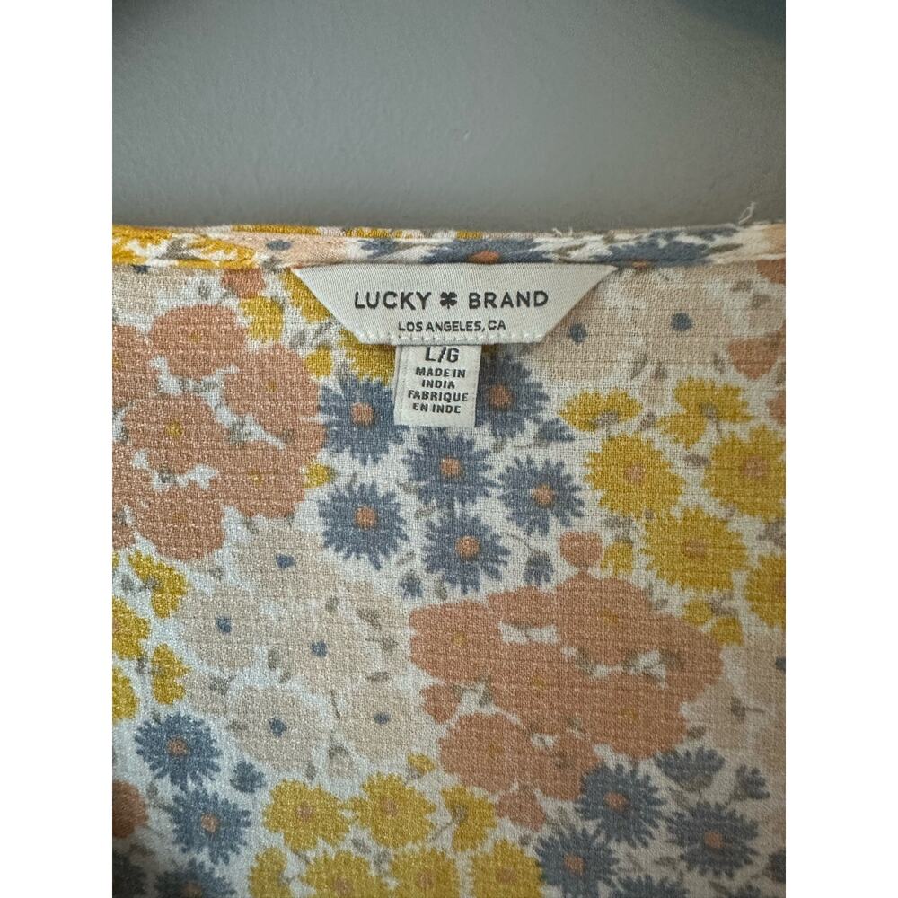 Lucky Brand Yellow/Orange Floral Daisy Print LS V Neck Ruffle Peasant Top Large - Picture 4 of 9